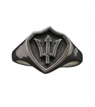 R002086 Sterling Silver Signet Ring Poseidon Symbol Trident Solid Genuine Hallmarked 925